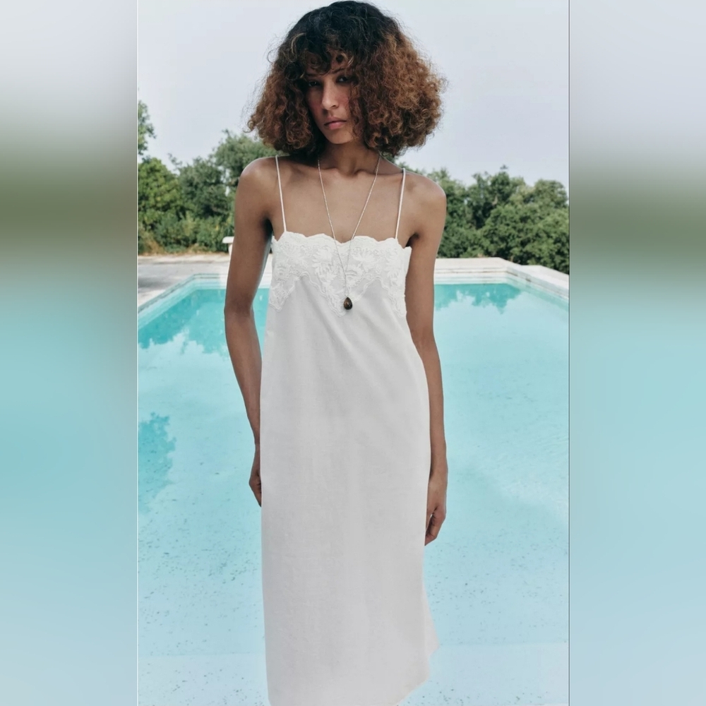 Zara White Lace-Trim Midi Slip Dress